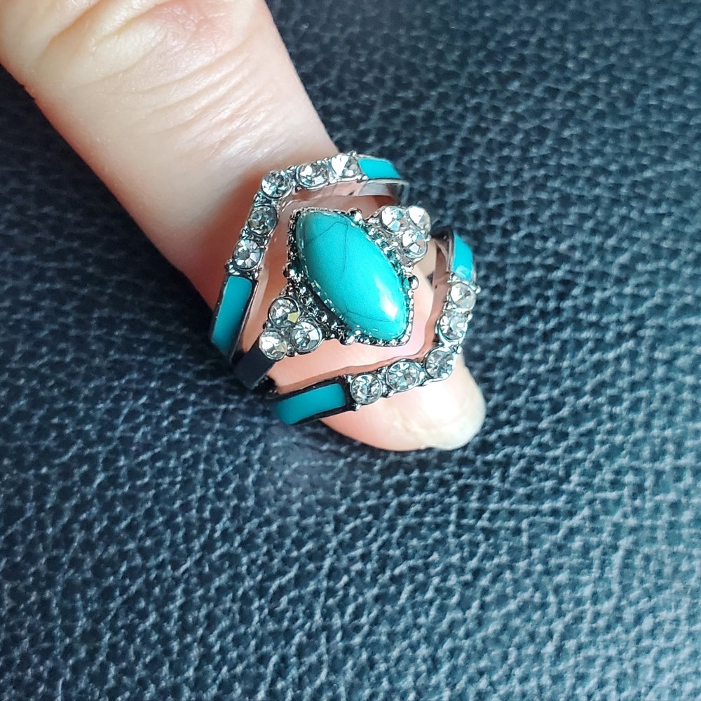 Turquoise & CZ Bohemian Silver Ring Set